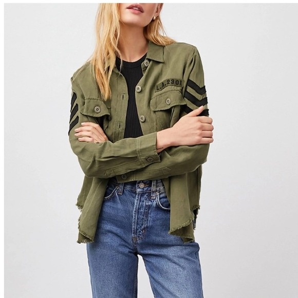 Rails Jackets & Blazers - Rails Loren Military Shirt Jacket Olive Green Embroidered Patch Frayed Hem Small